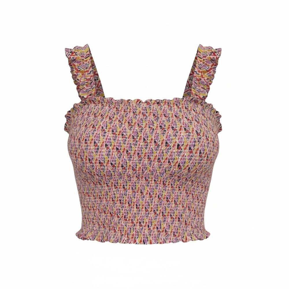 Maeve Anthropologie Smocked Multicolor Ruffle Strap Crop Top Festival Resort